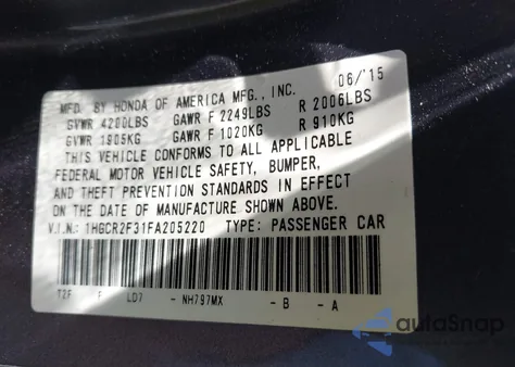 2015 Honda Accord Lx from USA, damaged, VIN 1HGCR2F31FA205220